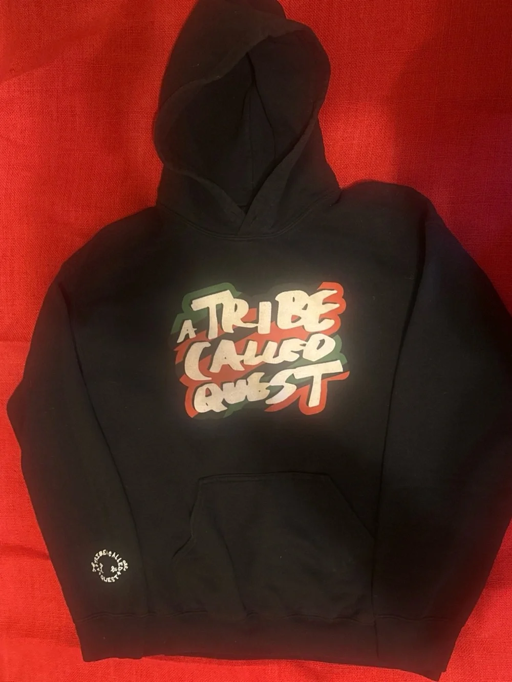 Gildan Black Hoodie with Red, Green, Cream Graphic